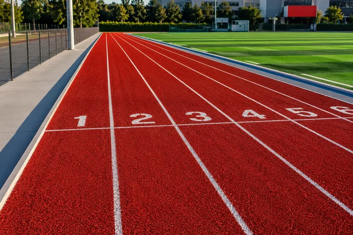 pista de atletismo sintética color terracota de pasto sintético con carriles blancos