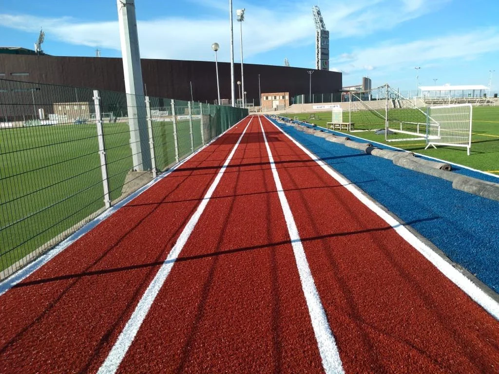 carriles de pista de atletismo sintética de pasto sintético con líneas blancas